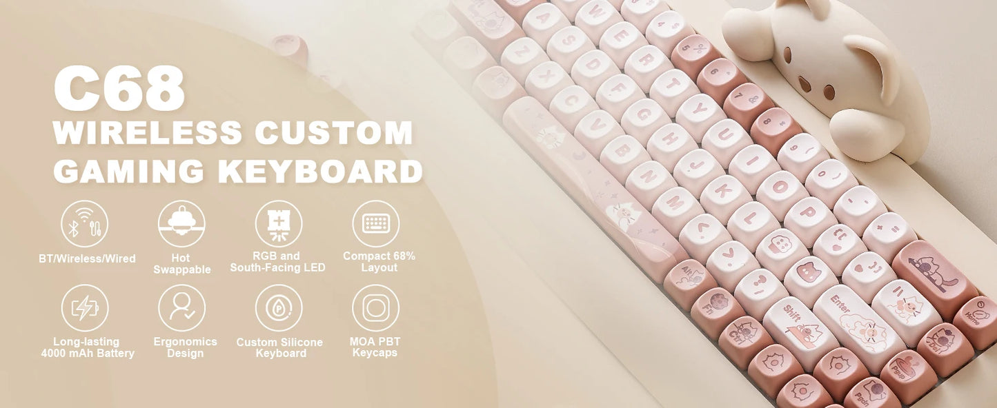 YUNZII C68 Coffee 65% Hi-Fi Cute Cat Silicone Hot Swap NKRO  Ergonomic Wireless BT5.0/2.4G/Wired RGB Mechanical Gaming Keyboard