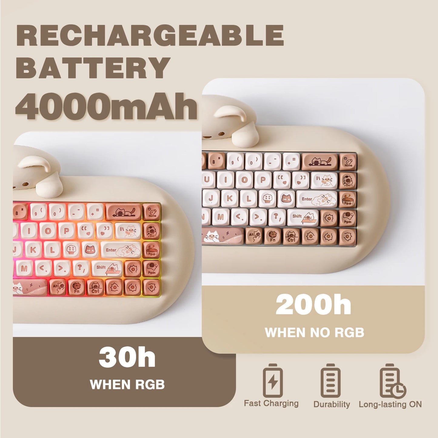 YUNZII C68 Coffee 65% Hi-Fi Cute Cat Silicone Hot Swap NKRO  Ergonomic Wireless BT5.0/2.4G/Wired RGB Mechanical Gaming Keyboard