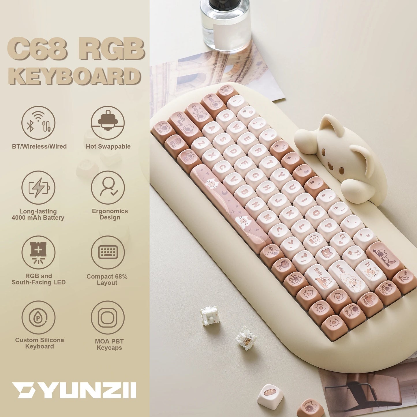 YUNZII C68 Coffee 65% Hi-Fi Cute Cat Silicone Hot Swap NKRO  Ergonomic Wireless BT5.0/2.4G/Wired RGB Mechanical Gaming Keyboard