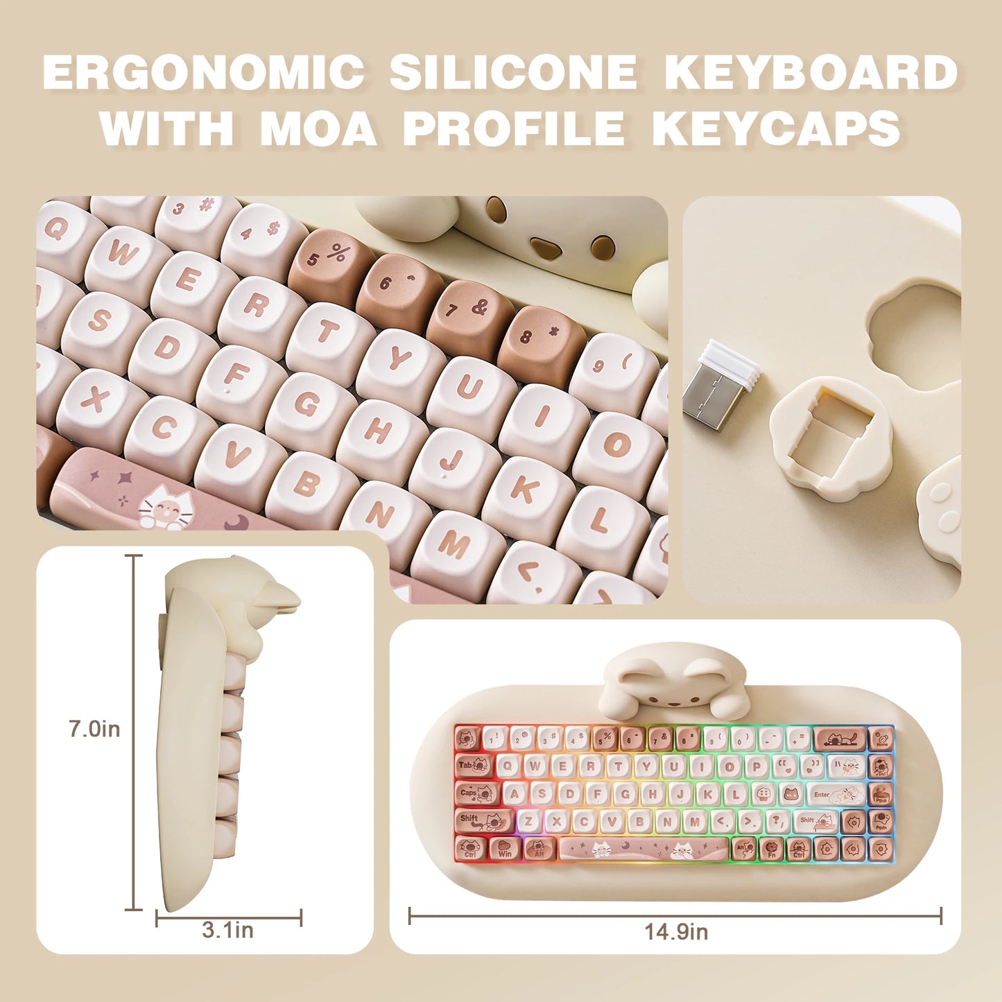 YUNZII C68 Coffee 65% Hi-Fi Cute Cat Silicone Hot Swap NKRO  Ergonomic Wireless BT5.0/2.4G/Wired RGB Mechanical Gaming Keyboard