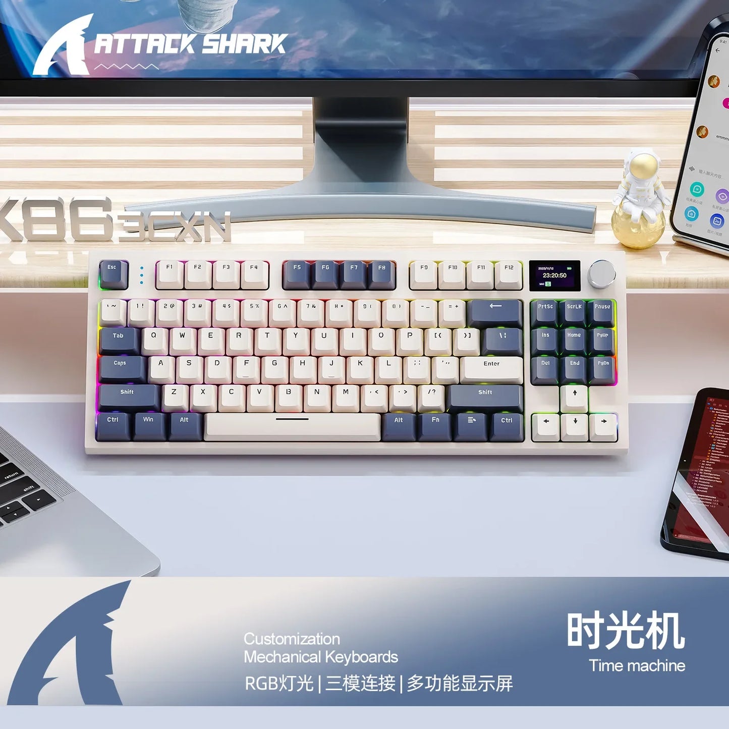 Attack Shark K86 Wireless Mechanical DynanicRGB Keyboard Bluetooth with Display Volume  Button Hot-Swappable Computer Peripheral