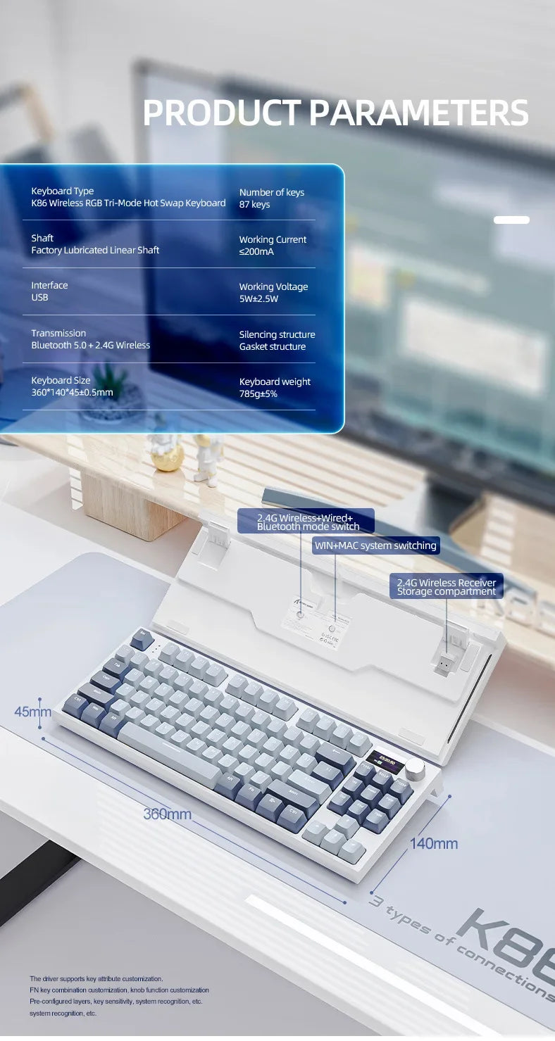 Attack Shark K86 Wireless Mechanical DynanicRGB Keyboard Bluetooth with Display Volume  Button Hot-Swappable Computer Peripheral