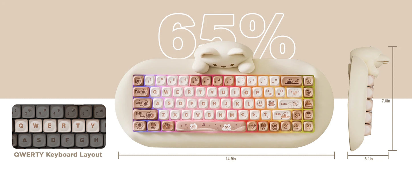 YUNZII C68 Coffee 65% Hi-Fi Cute Cat Silicone Hot Swap NKRO  Ergonomic Wireless BT5.0/2.4G/Wired RGB Mechanical Gaming Keyboard