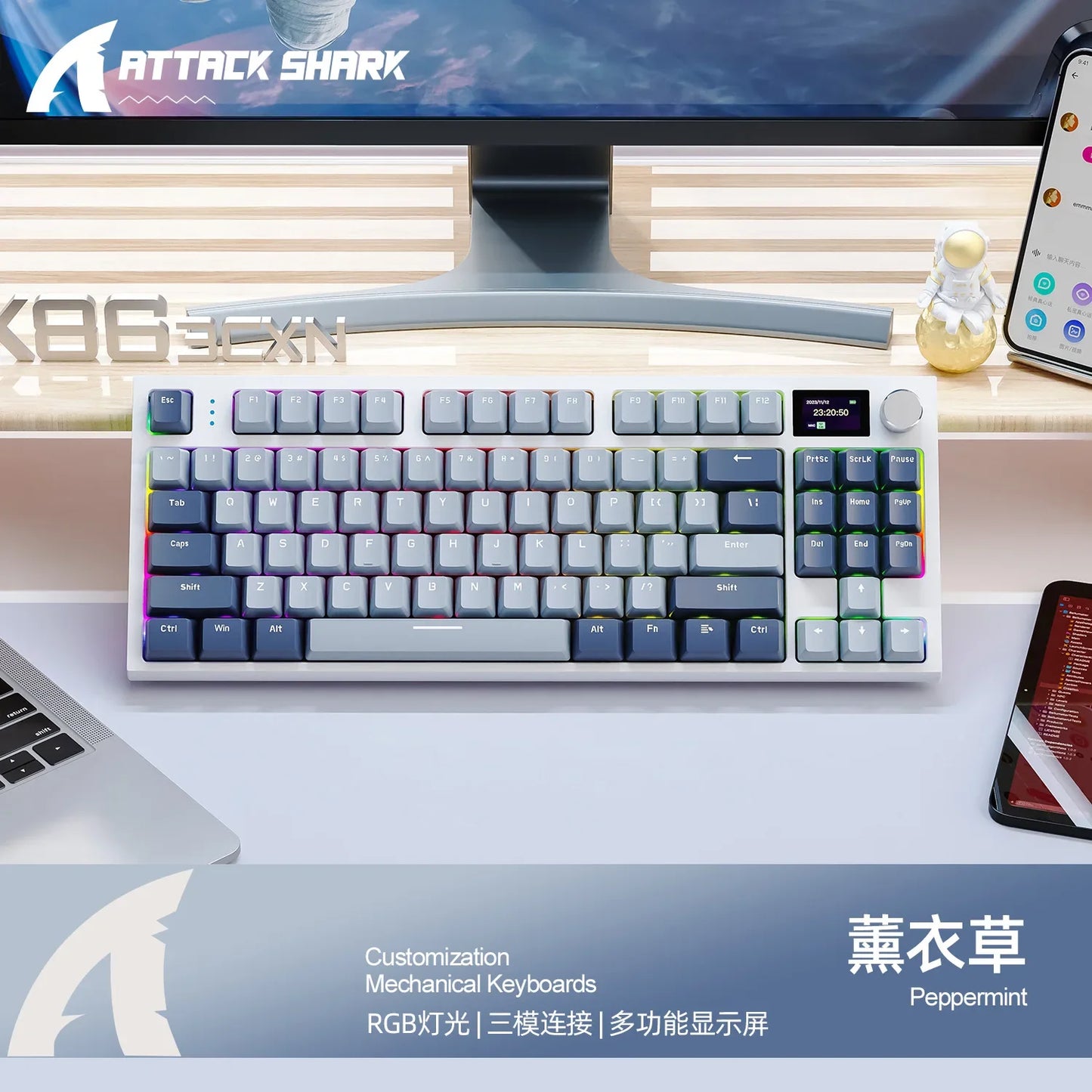 Attack Shark K86 Wireless Mechanical DynanicRGB Keyboard Bluetooth with Display Volume  Button Hot-Swappable Computer Peripheral